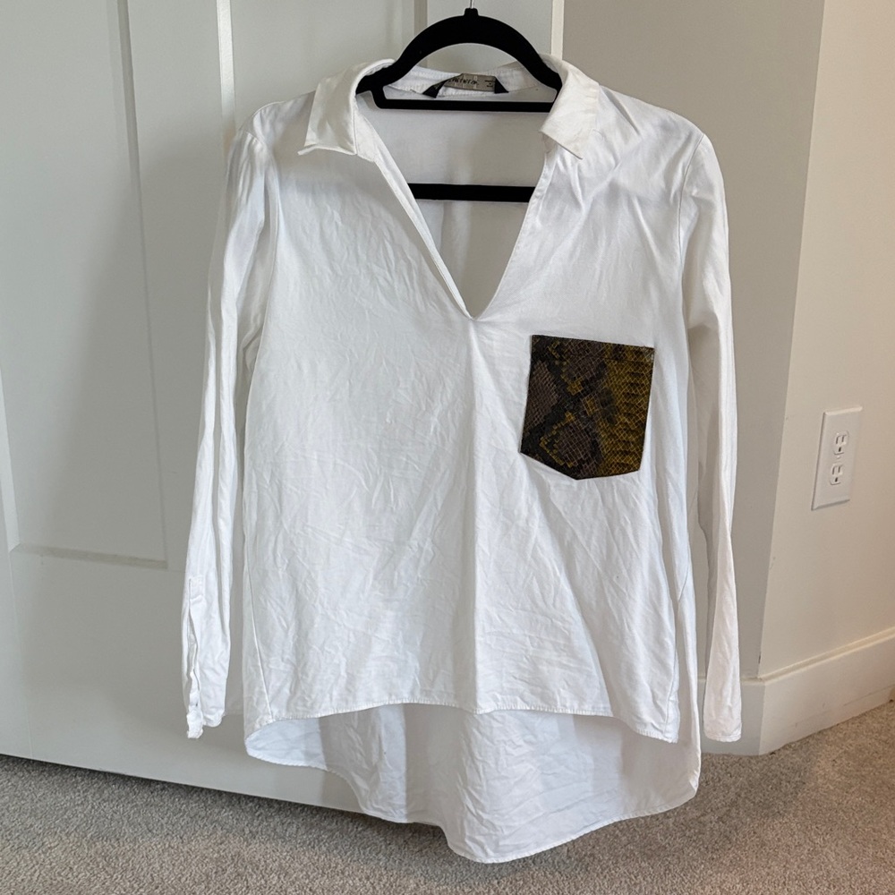 Zara White Asymmetrical Boxy Button Down Shirt